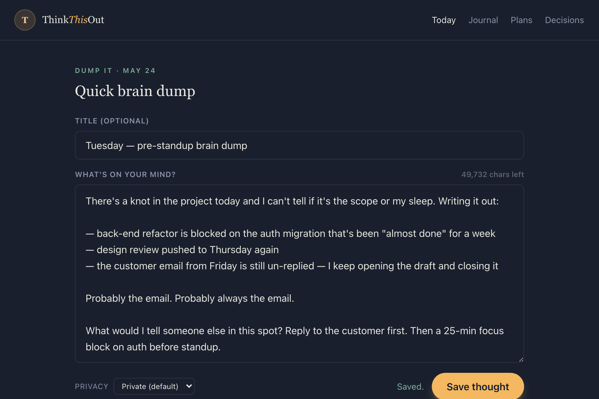 Thought Dump screen: a single soft text area with a Save chip in the corner.
