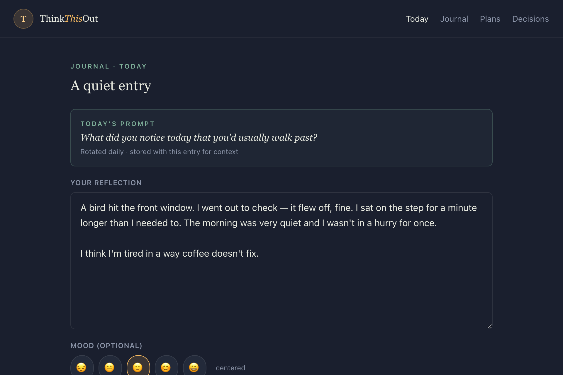 Guided Journal screen: a rotating reflective prompt above a writing area and a mood scale.