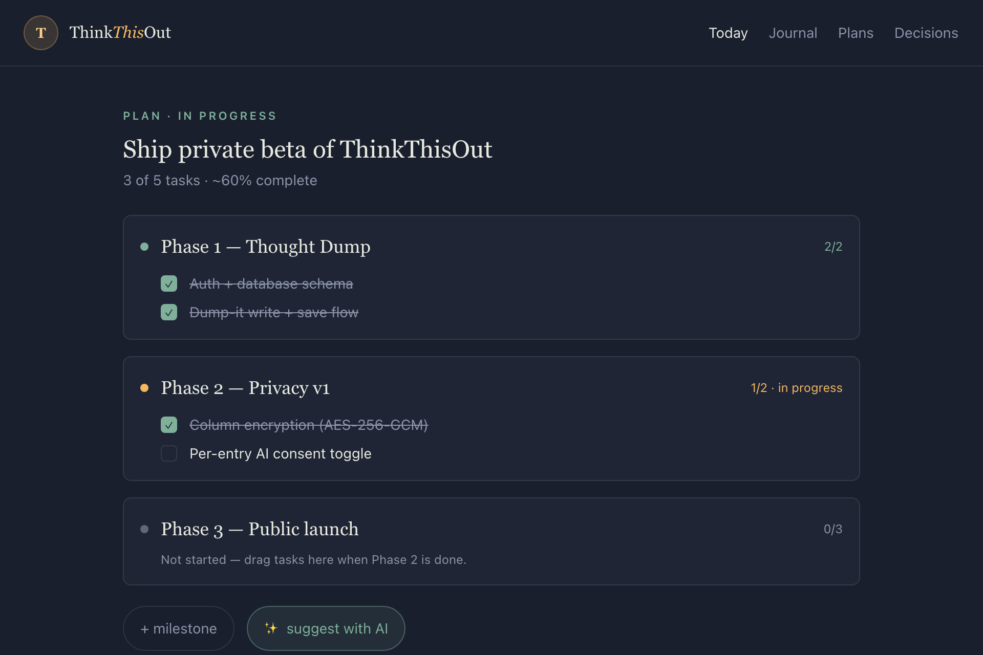 Plan Something screen: a goal at the top with milestones and check-off task lists beneath.